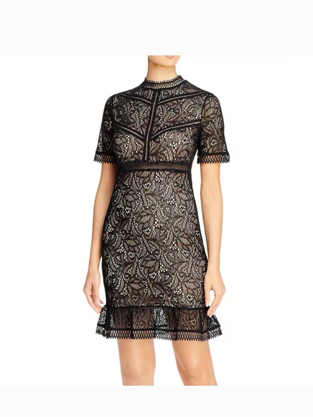 Bardot Black Lace Mini Dress with Ruffle Hem